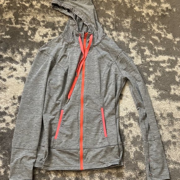 Lukka Women's Gray, White Stiped orange Neon Hooded Zipper Warm Up Jacket Medium - Picture 1 of 3